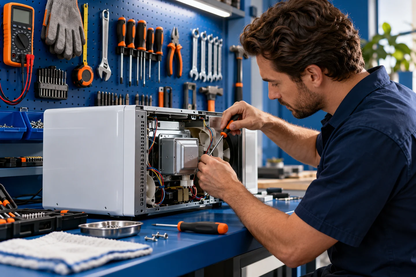 A technician working at a well-organised repair bench
